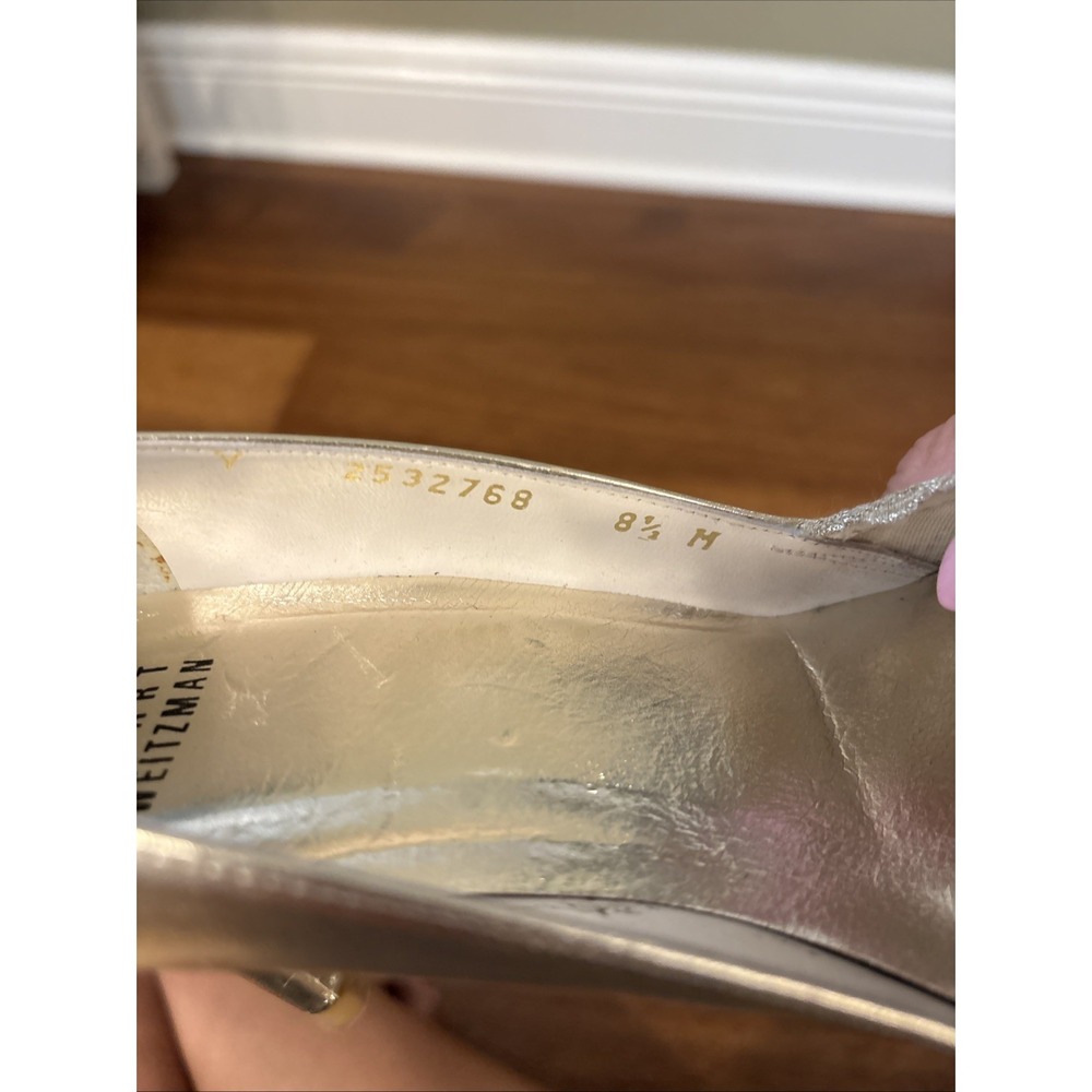 Stuart Weitzman Chantelle Gold Lace Peep Toe Leather Sole Heel Made Spain 8.5 - Picture 11 of 12
